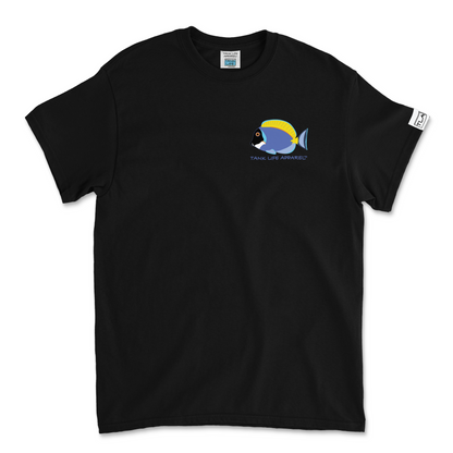 The Tank Life Apparel powder blue tang design on a classic tee with our custom TLA sleeve label. Light blue purple tang fish with yellow fins. 