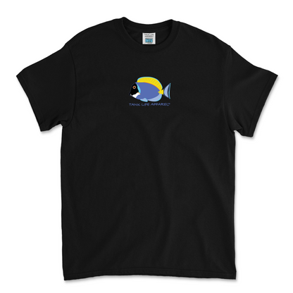 The Tank Life Apparel powder blue tang design on a youth tee. Light blue purple tang fish with yellow fins.