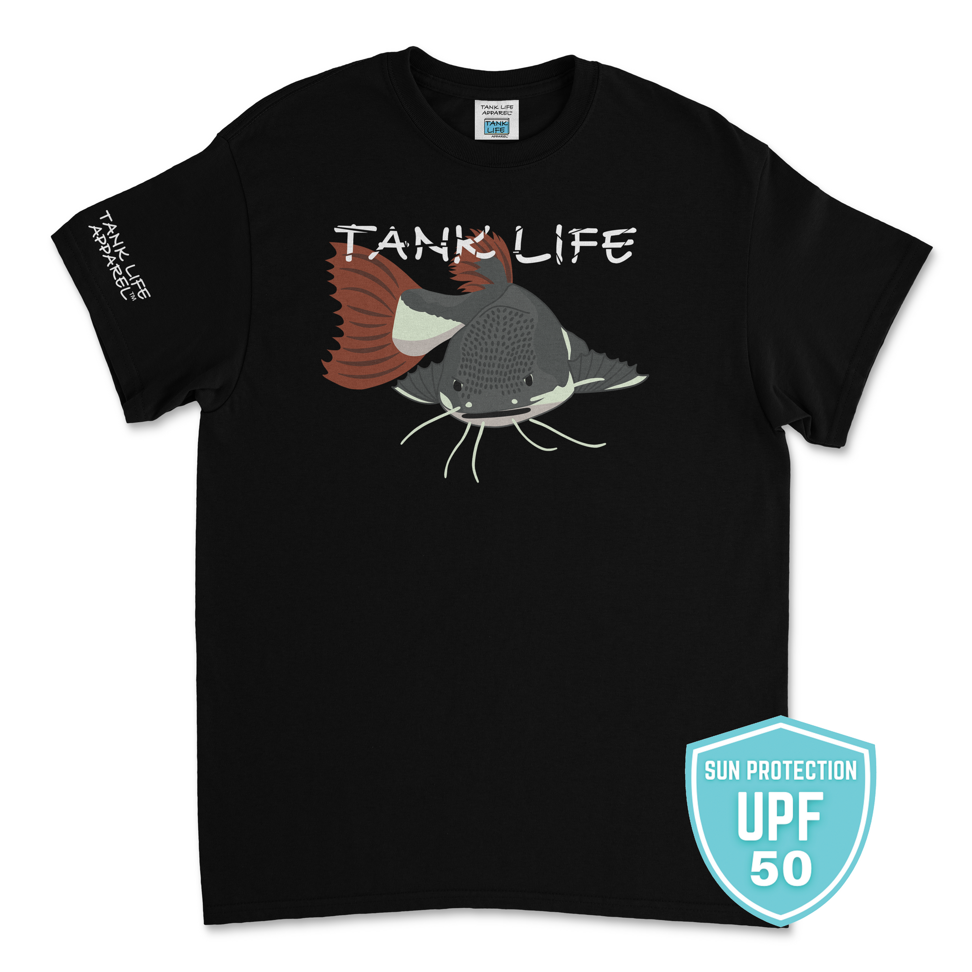 The Tank Life Apparel red tail catfish design on an athletic dri fit performance shirt. Gray catfish with white belly and whiskers and red tail. 