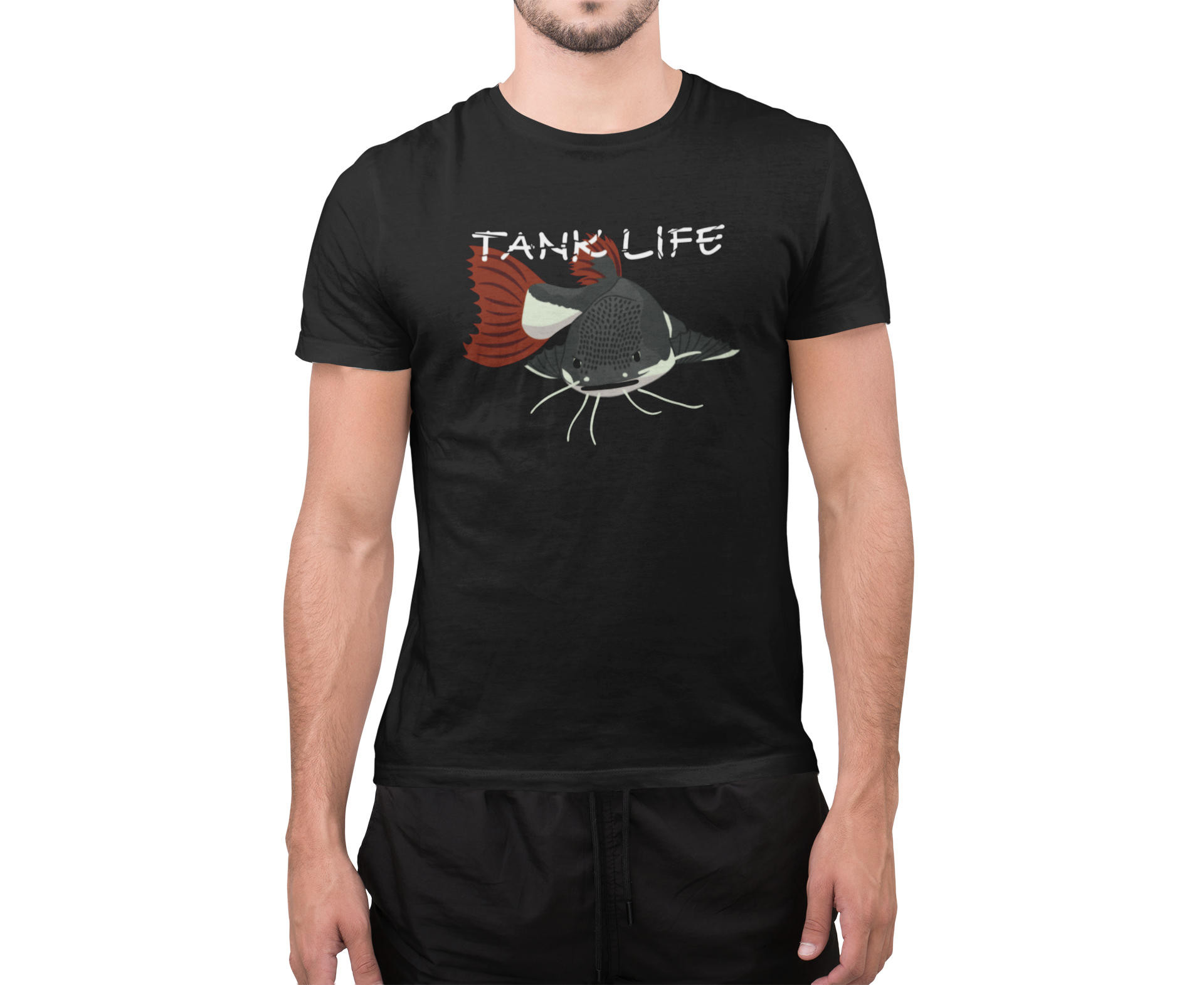 The Tank Life Apparel red tail catfish design on a classic tee with our custom TLA sleeve label. Gray catfish with white belly and whiskers and red tail.