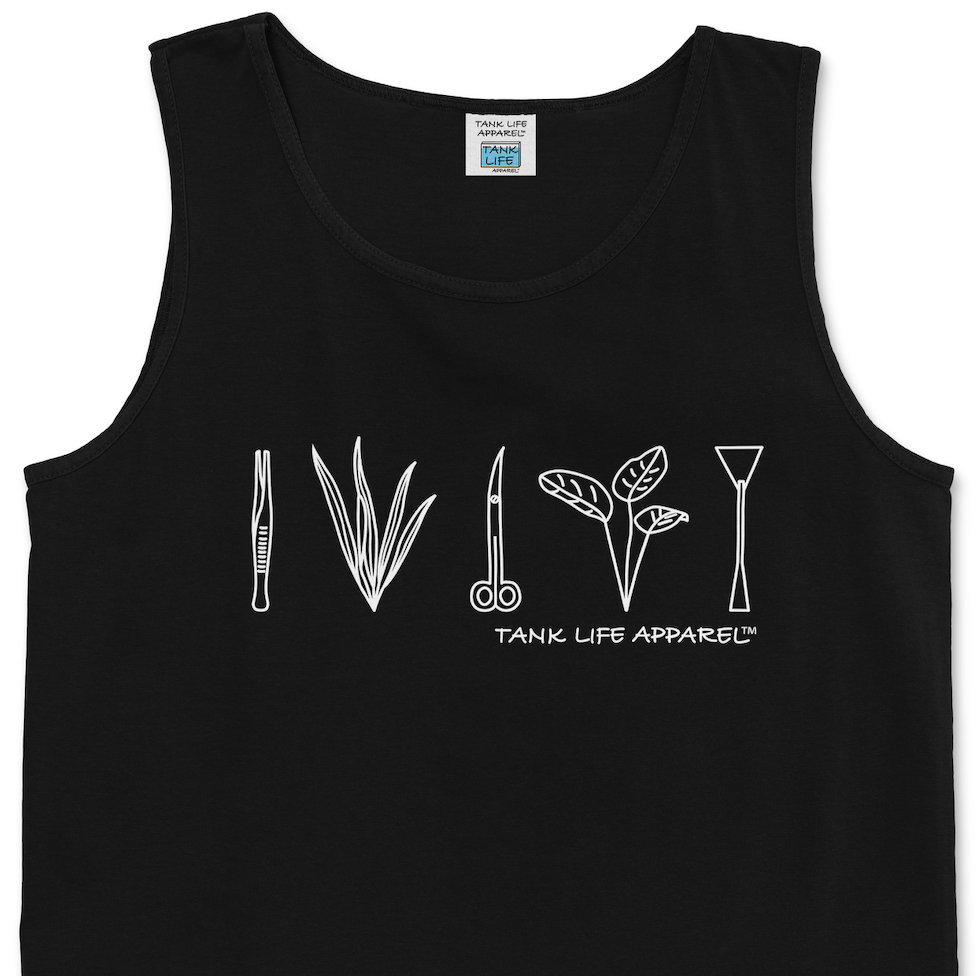 Rep the Tank Life Apparel aquascaping tools design on a men's tank top with our custom TLA hem label. 