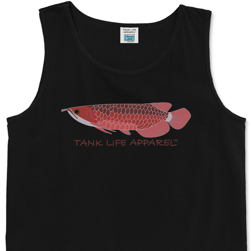 Tank Life Apparel red Asian arowana design on a men's tank top with our custom TLA hem label.
