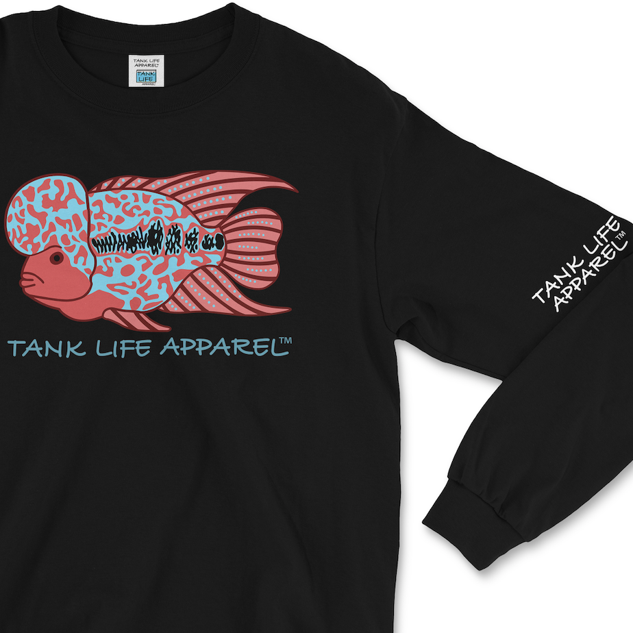 The Tank Life Apparel flowerhorn cichlid design on a super comfortable long sleeve shirt. Blue and red pink fish with big hump on head.