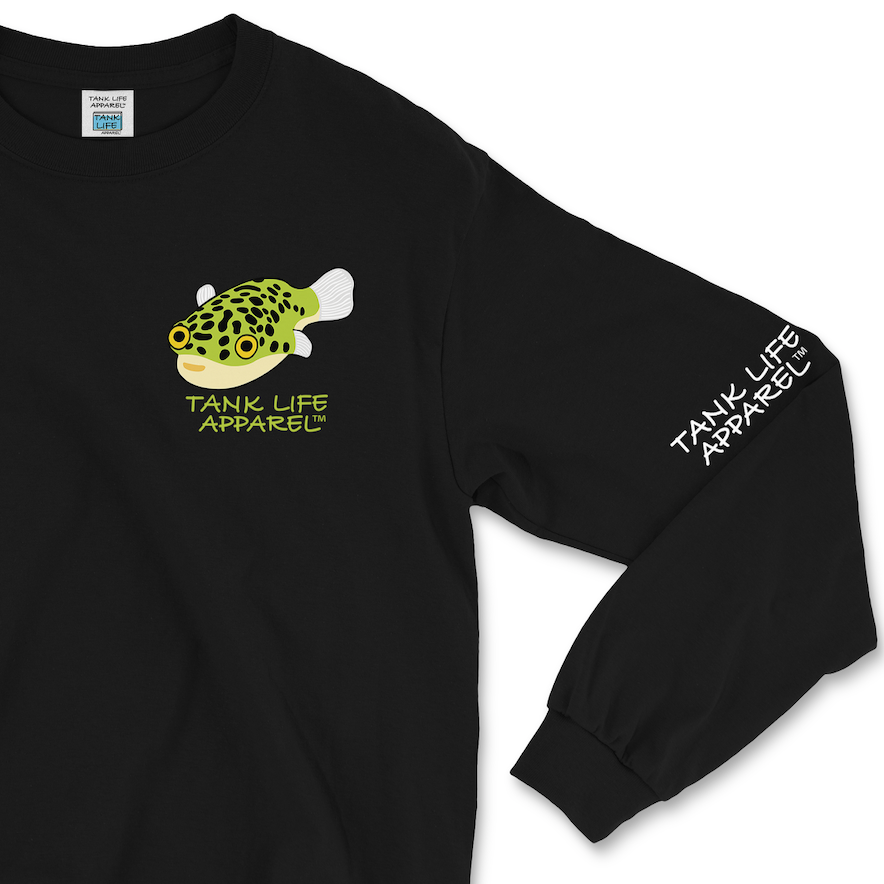 The Tank Life Apparel leopard puffer fish design on a super comfortable long sleeve shirt. Small green yellow puffer fish with black dots and spots.