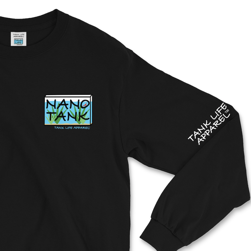 The Tank Life Apparel nano tank design on a super comfortable long sleeve black shirt. Tiny aquarium with small red shrimp in it.