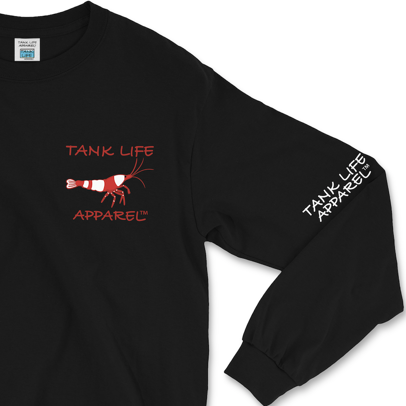 The Tank Life Apparel Crystal red shrimp design on a super comfortable long sleeve shirt. White and red bee fresh water shrimp on black shirt.