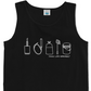 The Tank Life Apparel fish tank aquarium lifestyle design on a men's tank top with our custom TLA hem label. simple white design that depicts a sponge filter, a syphon, a fish bag, a fish net, and a water change bucket.