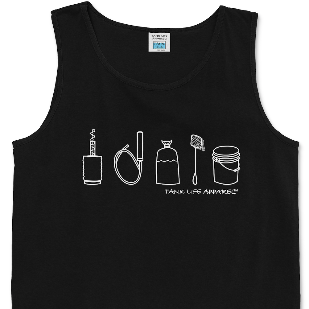 The Tank Life Apparel fish tank aquarium lifestyle design on a men's tank top with our custom TLA hem label. simple white design that depicts a sponge filter, a syphon, a fish bag, a fish net, and a water change bucket.