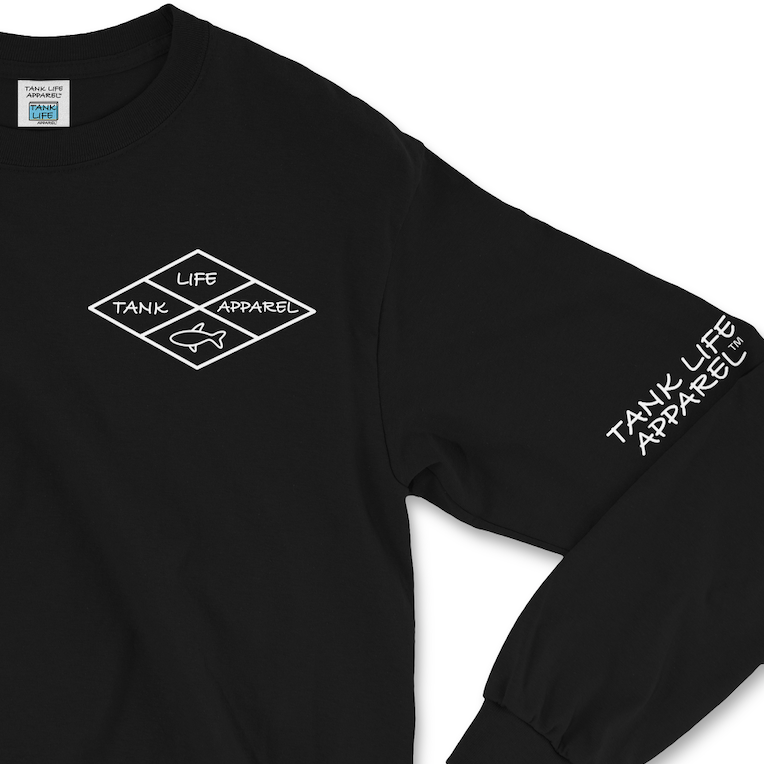 The Tank Life Apparel diamond design on a super comfortable long sleeve shirt. Our sleeve logo along with our custom TLA hem label. Hoodie for fish tank and aquarium keepers.