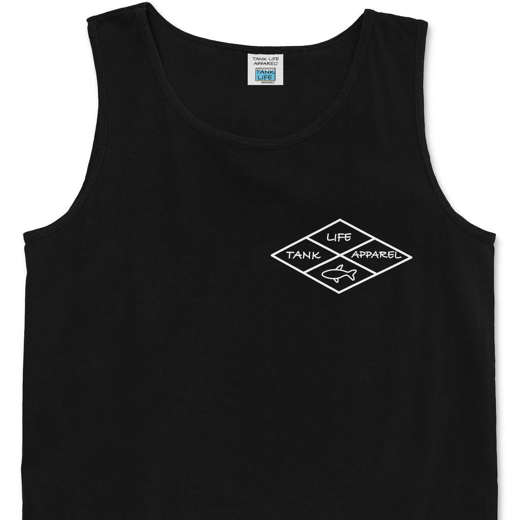 The Tank Life Apparel diamond design on a men's tank top with our custom TLA hem label. Shirt for fish tank and aquarium keepers.
