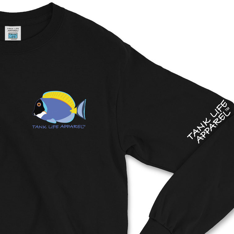The Tank Life Apparel powder blue tang design on a super comfortable long sleeve shirt. Light blue purple tang fish with yellow fins.