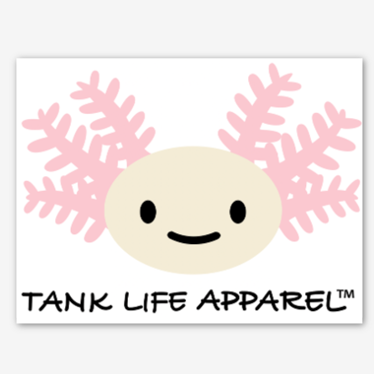 The Tank Life Apparel Axolotl design on a glossy vinyl sticker.  Beige and pink smiling axolotls face.