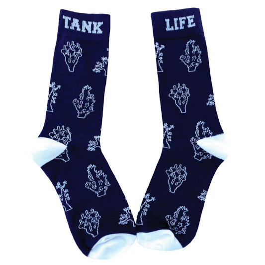 Tank Life Apparel white corals outline crew socks. Navy blue and white socks.