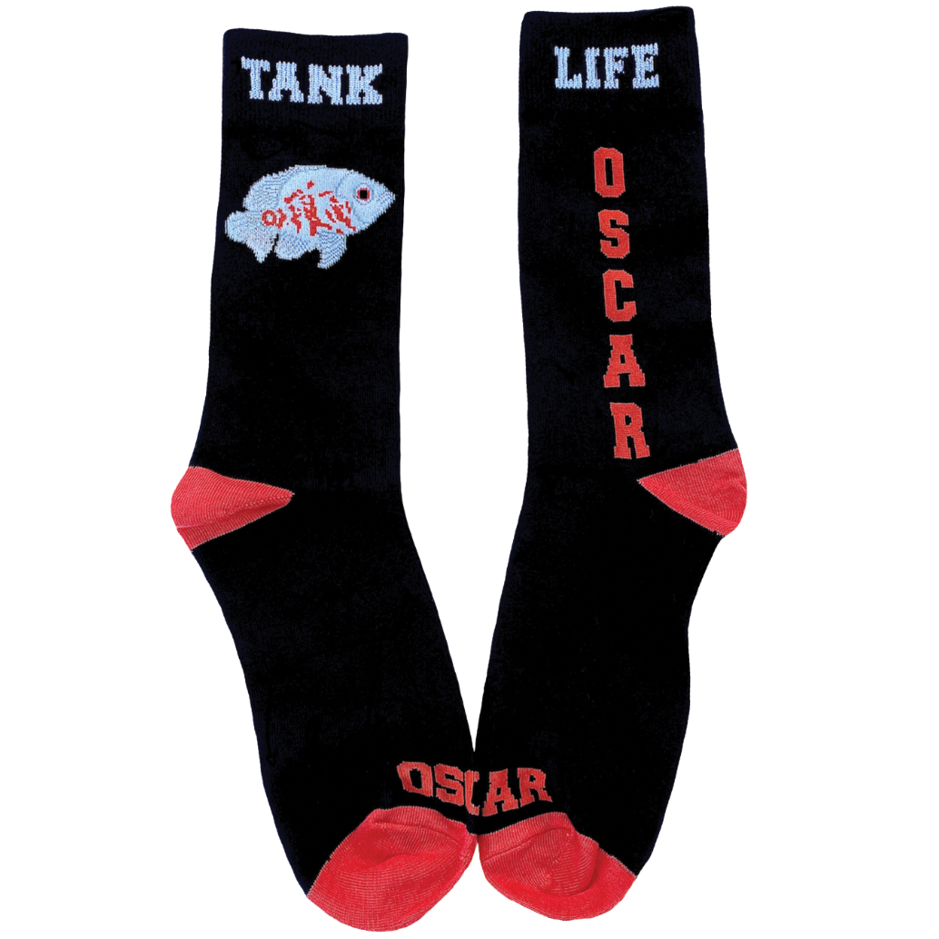 Albino tiger oscar cichlid Tank Life Apparel crew socks. Socks are black and orange.