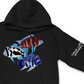 The Tank Life Apparel frontosa cichlid design on a super soft and comfortable hoodie. Three fish Black widow, red frontosa, blue zaire. Blue fish with dark stripes.