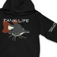 Tank Life Apparel red tail catfish design on a super soft and comfortable hoodie. Gray catfish with white belly and whiskers and red tail.