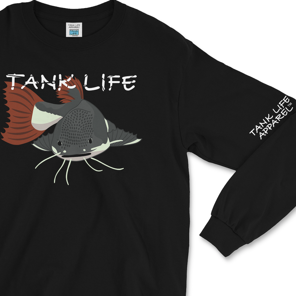 The Tank Life Apparel red tail catfish design on a super comfortable long sleeve shirt. Gray catfish with white belly and whiskers and red tail.