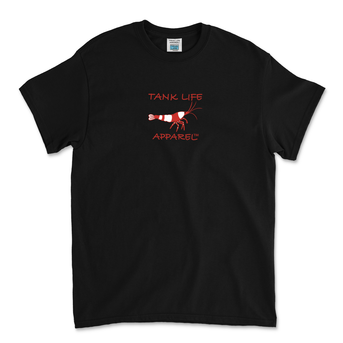 The Tank Life Apparel Crystal red shrimp design on a youth kid children tee.  White and red bee fresh water shrimp on black shirt.