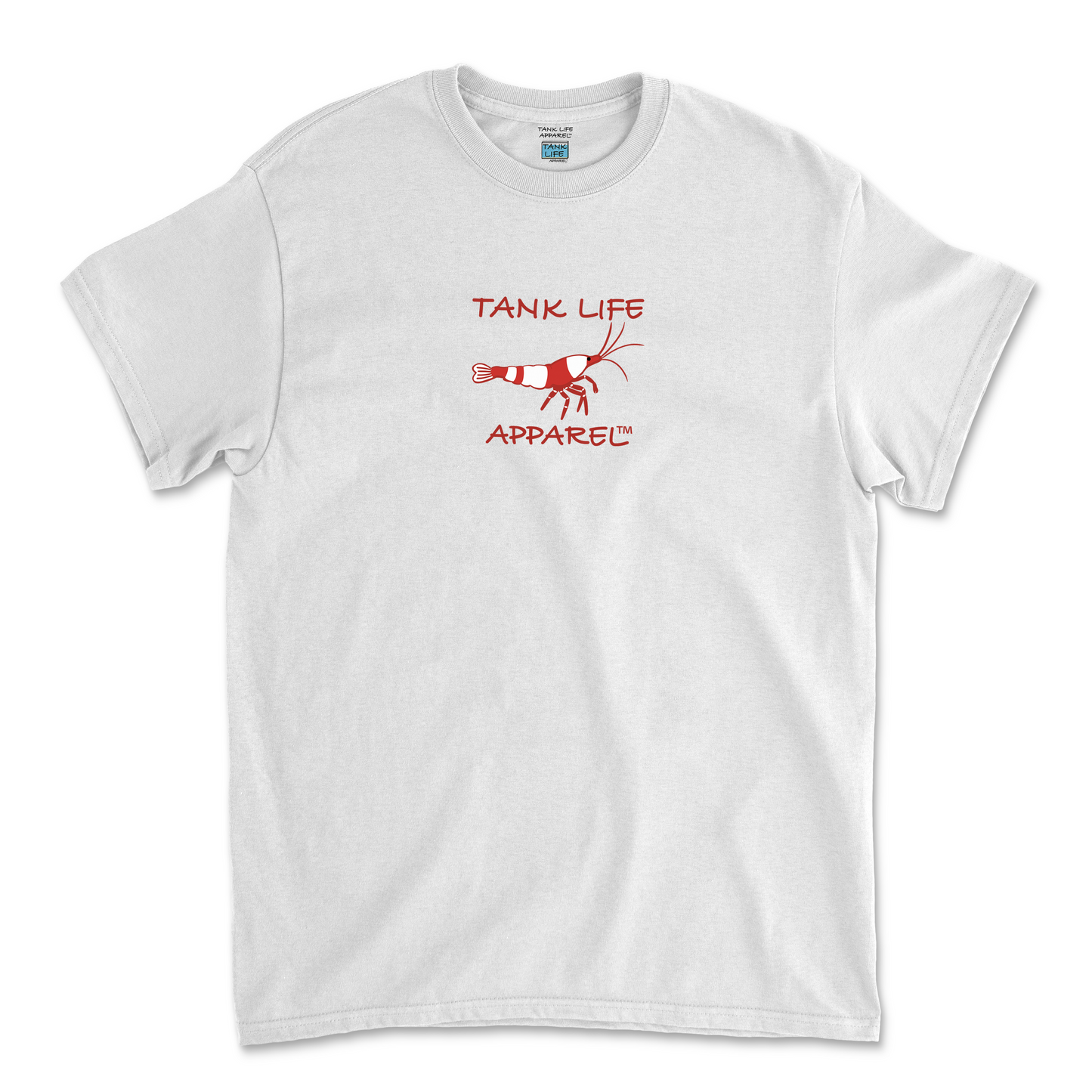 The Tank Life Apparel Crystal red shrimp design on a youth kid children tee. White and red bee fresh water shrimp on a white shirt.