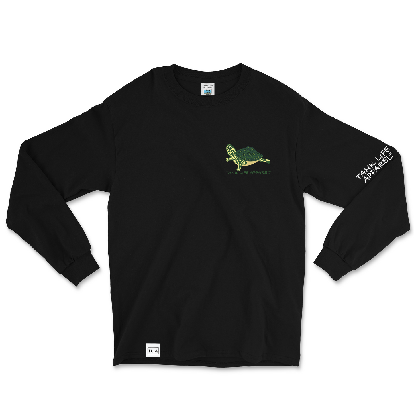 The Tank Life Apparel yellow-bellied slider turtle design on a super comfortable long sleeve shirt. Green and yellow turtle pet shirt.