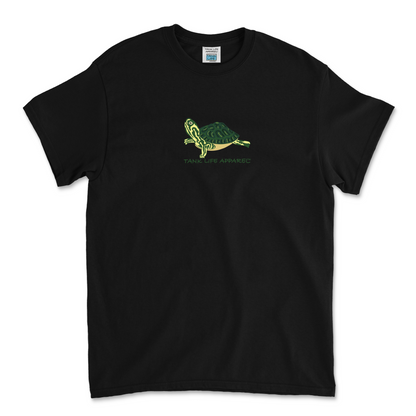 The Tank Life Apparel yellow-bellied slider turtle design on a youth tee. Green and yellow turtle pet shirt for kids.