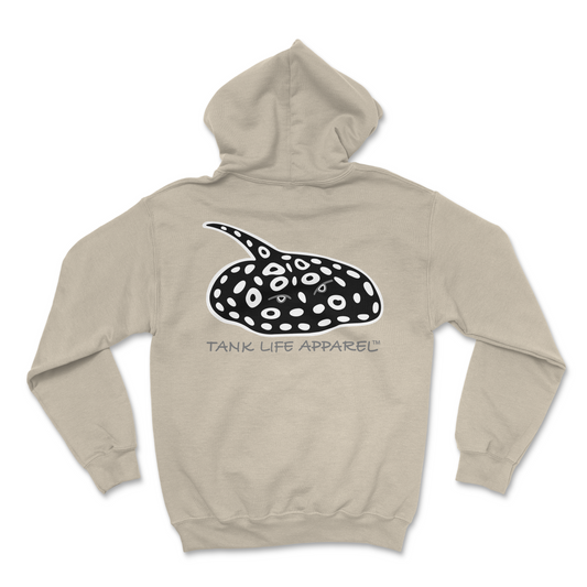 The Tank Life Apparel black diamond freshwater stingray design on the back of a super soft and comfortable hoodie.
