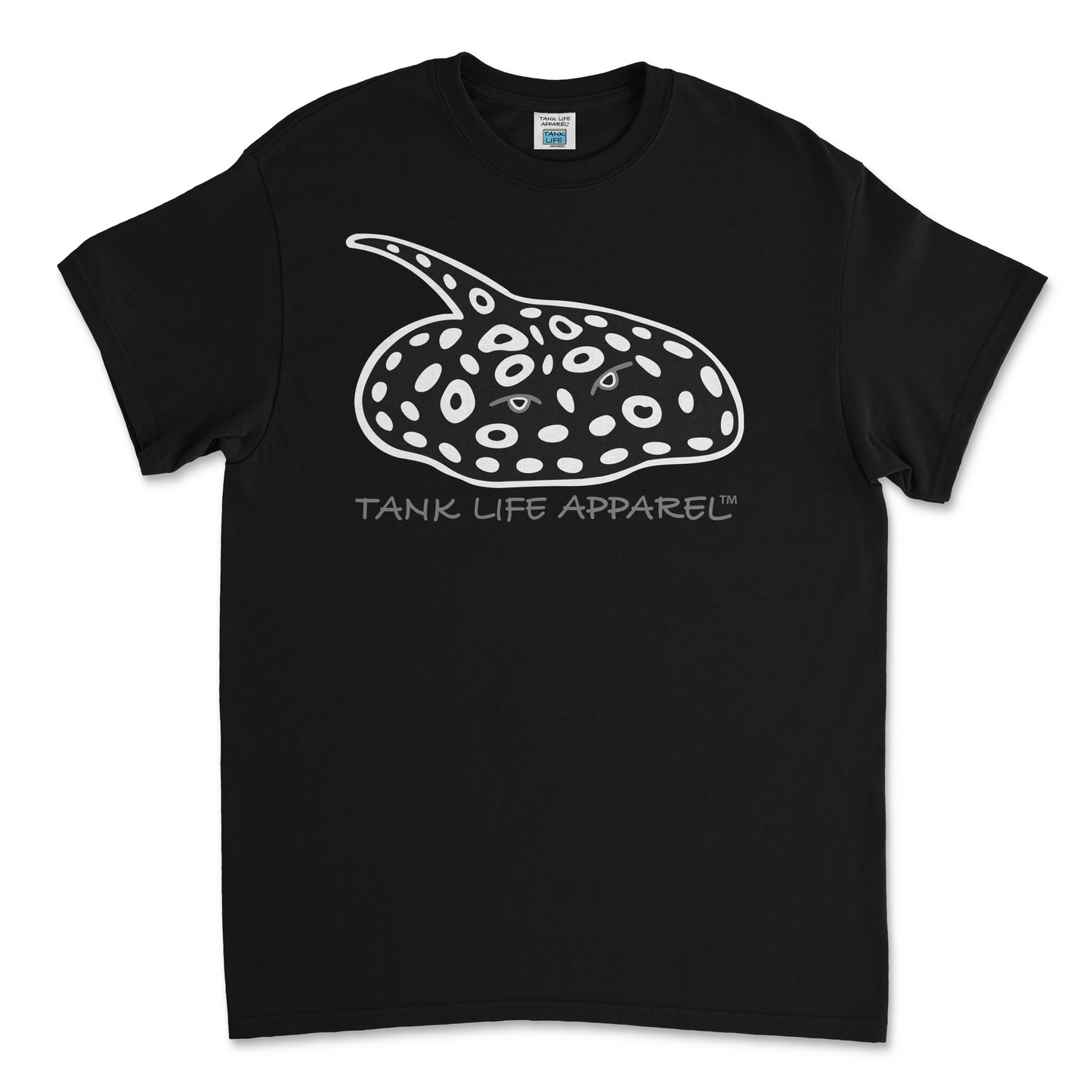 The Tank Life Apparel black diamond freshwater stingray design on a youth tee shirt. Black and white sting ray kid's shirt.