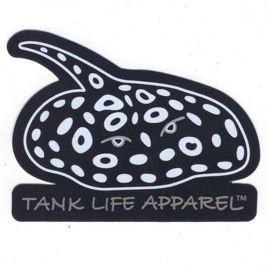 The Tank Life Apparel black diamond freshwater stingray design on a glossy vinyl sticker. Black and white stingray decal.