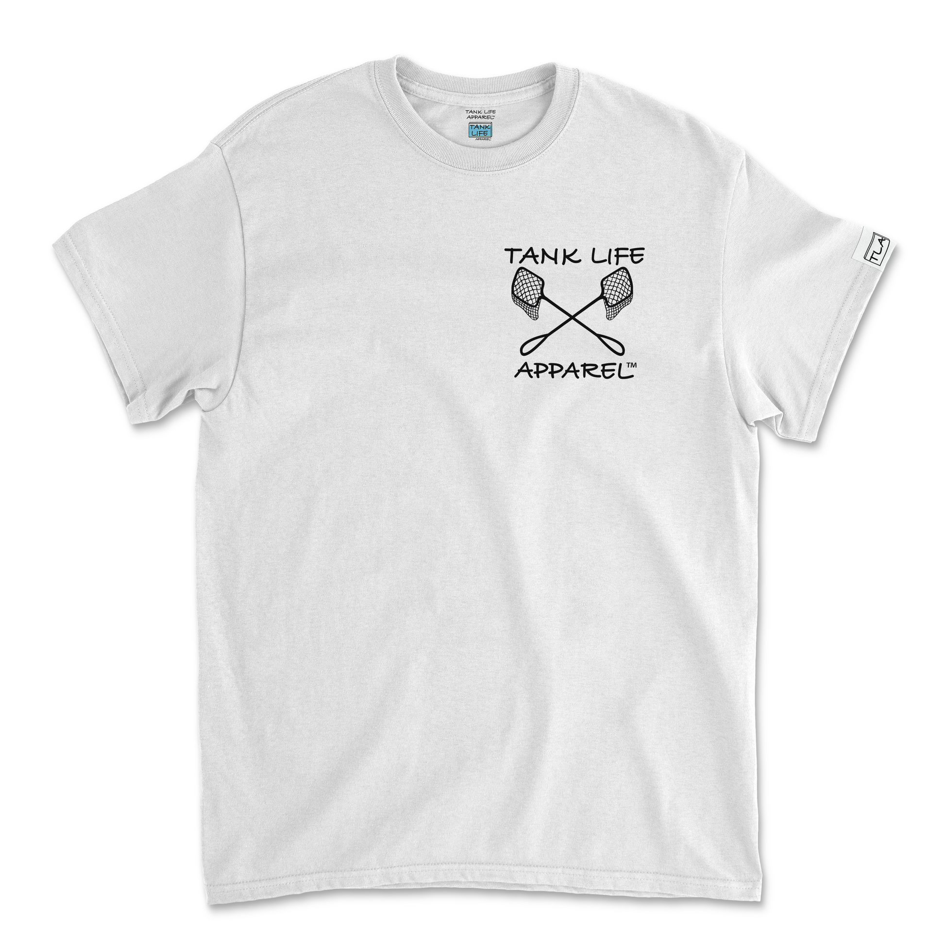 The Tank Life Apparel fish nets design on a classic tee with our custom TLA sleeve label. Shirt for fish tank and aquarium keepers.