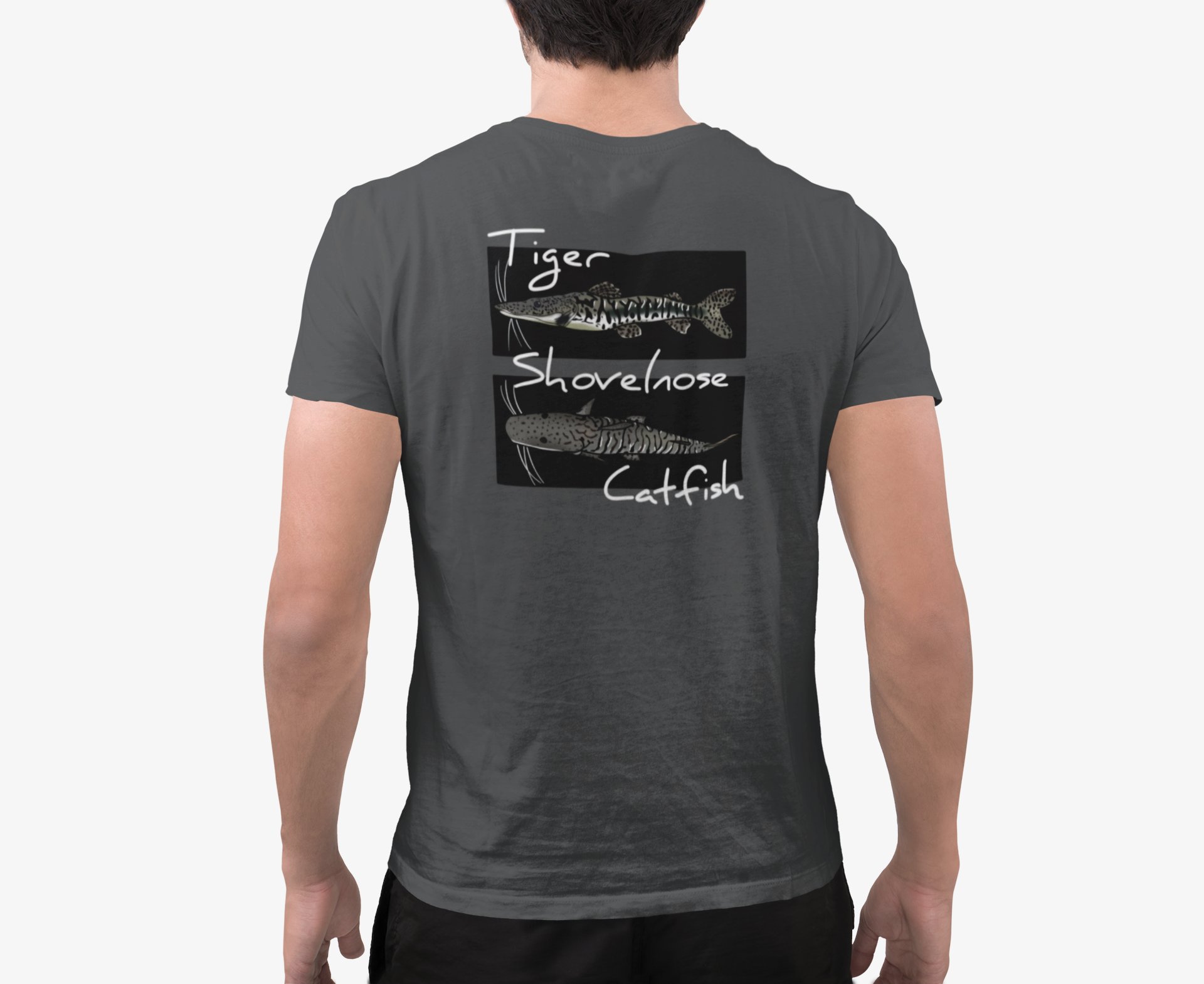 The Tank Life Apparel tiger shovelnose catfish design on a classic tee with our custom TLA sleeve label. Gray catfish with stripes.