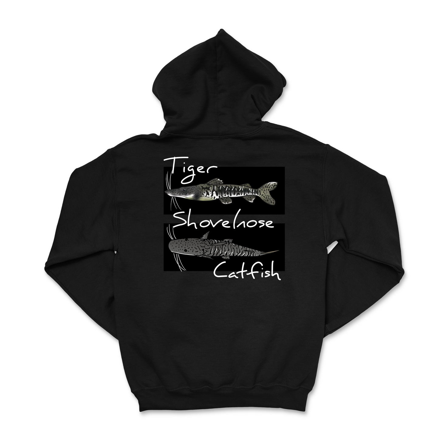 The Tank Life Apparel tiger shovelnose catfish design on a super soft and comfortable hoodie. Gray catfish with stripes.