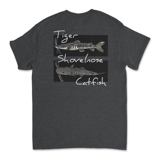 The Tank Life Apparel tiger shovelnose catfish design  on a classic tee with our custom TLA sleeve label. Gray catfish with stripes.