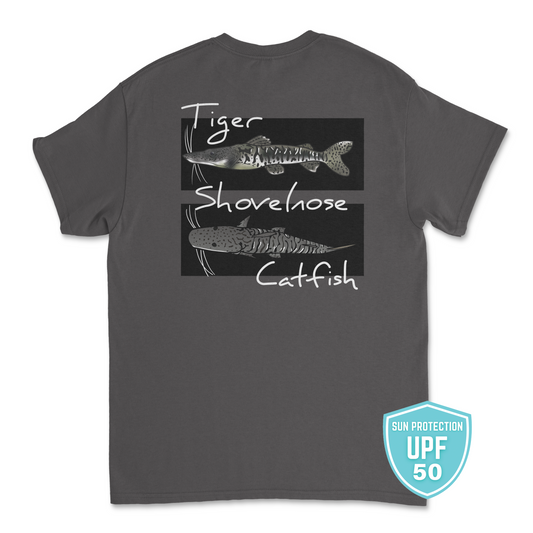 The Tank Life Apparel tiger shovelnose catfish design on an athletic dri fit performance shirt. Gray catfish with stripes.