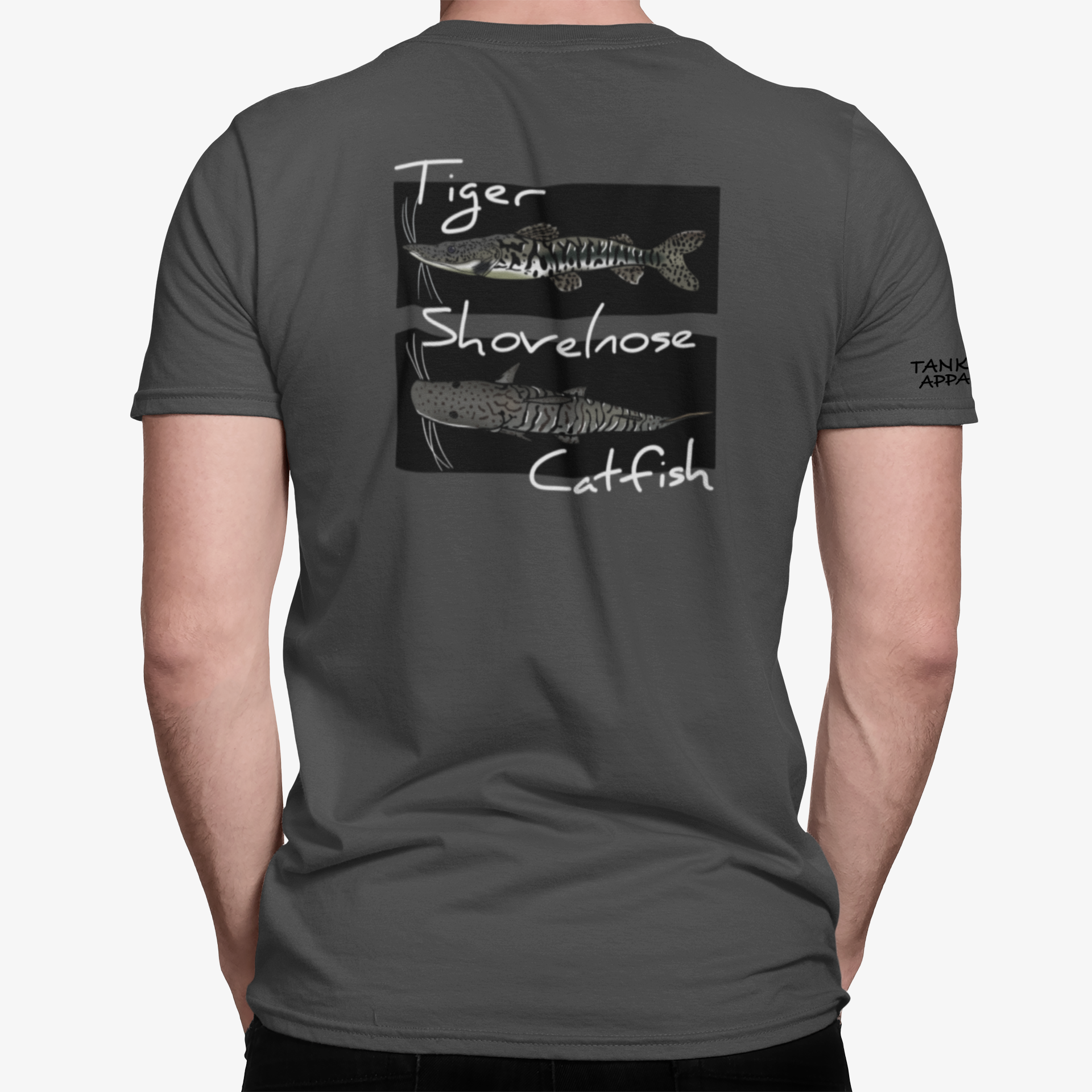 The Tank Life Apparel tiger shovelnose catfish design on an athletic dri fit performance shirt. Gray catfish with stripes.