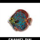 Discus fish hard enamel pin. Blue discus with yellow, orange, and red lines.