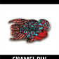 Flowerhorn cichlid hard enamel pin. Blue and red pink fish with big hump on head.