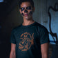 Tank Life Apparel Halloween Grim Reaper Piranha t-shirt with a skeleton grim reaper riding on piranha fish with "Tank Life" written. Festive orange Halloween 2022 limited edition design on a black cotton shirt.