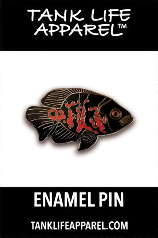 Tiger oscar cichlid hard enamel pin. Black, gray and orange fish pin.