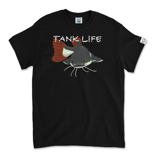 The Tank Life Apparel red tail catfish design on a classic tee with our custom TLA sleeve label. Gray catfish with white belly and whiskers and red tail.