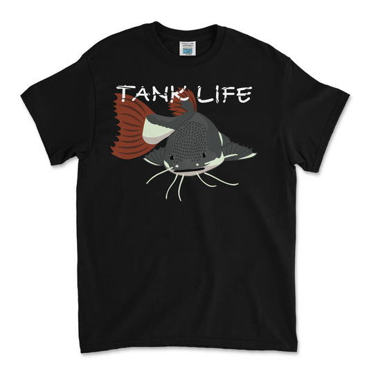 The Tank Life Apparel red tail catfish design on a youth tee.  Gray catfish with white belly and whiskers and red tail.