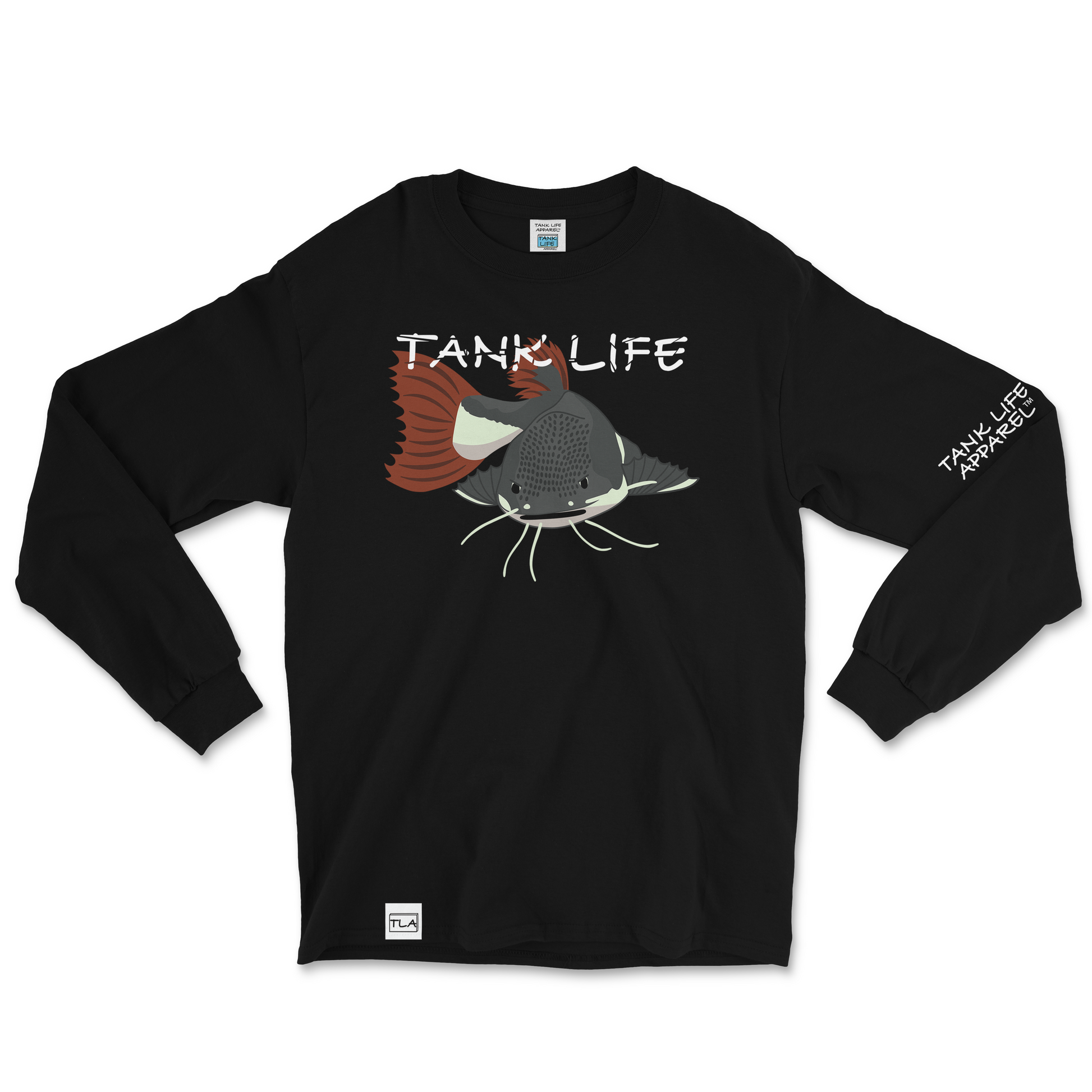 The Tank Life Apparel red tail catfish design on a super comfortable long sleeve shirt. Gray catfish with white belly and whiskers and red tail.