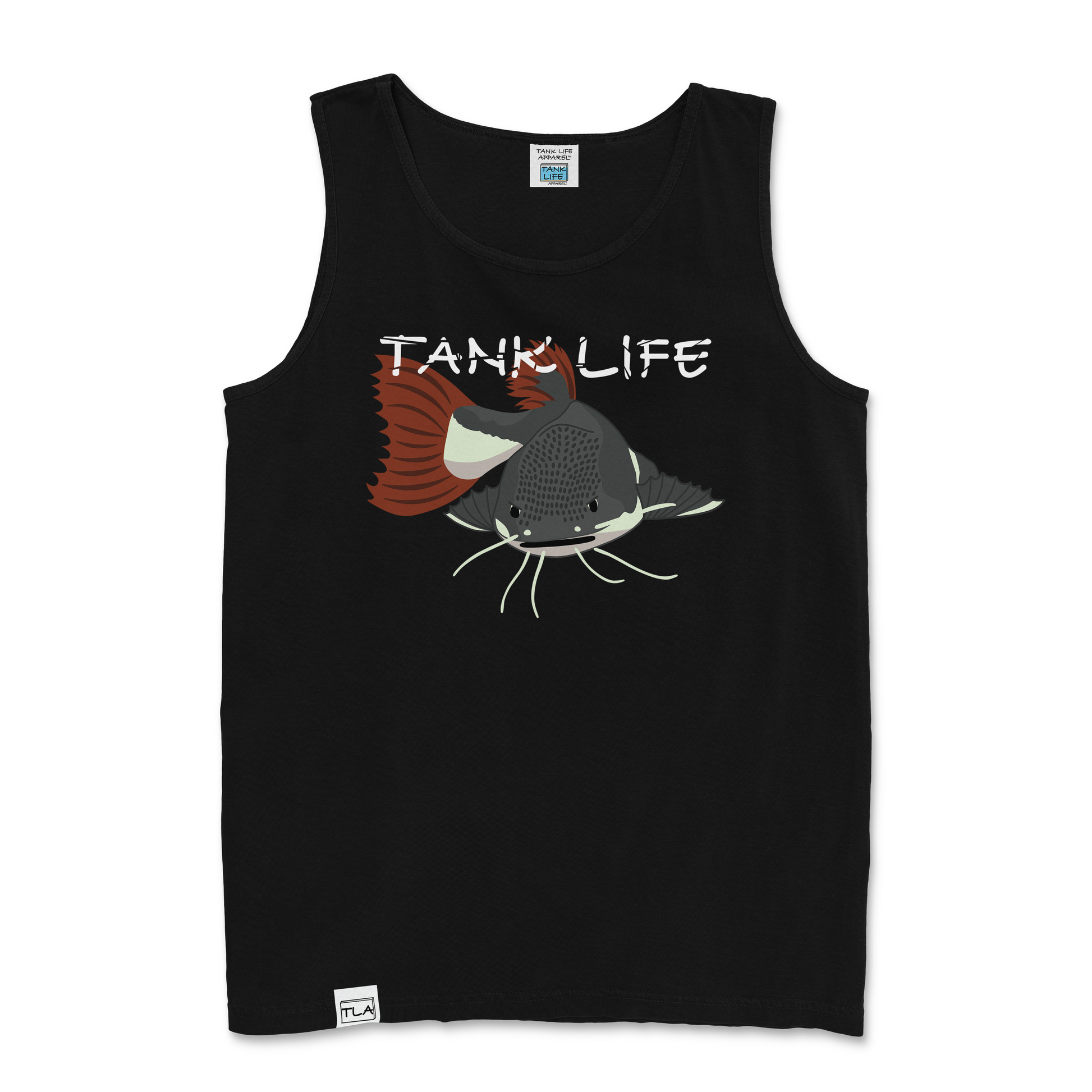 The Tank Life Apparel red tail catfish design on a men's tank top with our custom TLA hem label. Gray catfish with white belly and whiskers and red tail.