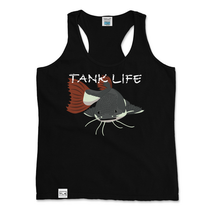 The Tank Life Apparel red tail catfish design on a stylish women's tank top with our custom TLA hem label.  Gray catfish with white belly and whiskers and red tail.