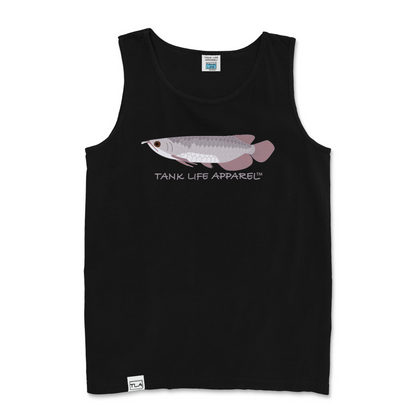 The Tank Life Apparel silver arowana design on a men's tank top with our custom TLA hem label. Gray monster amazon fish.