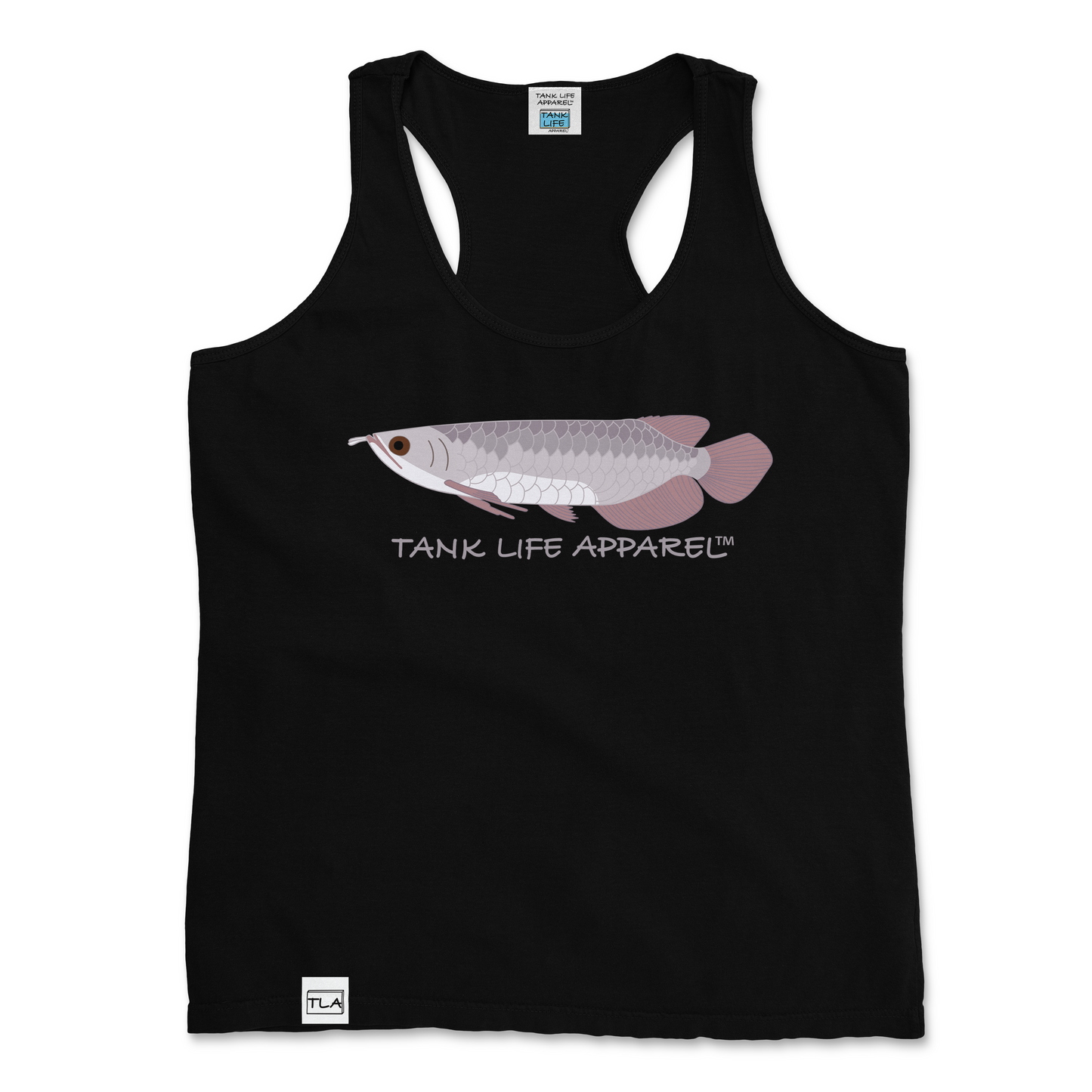 The Tank Life Apparel silver arowana design on a stylish women's tank top with our custom TLA hem label. Gray monster amazon fish.