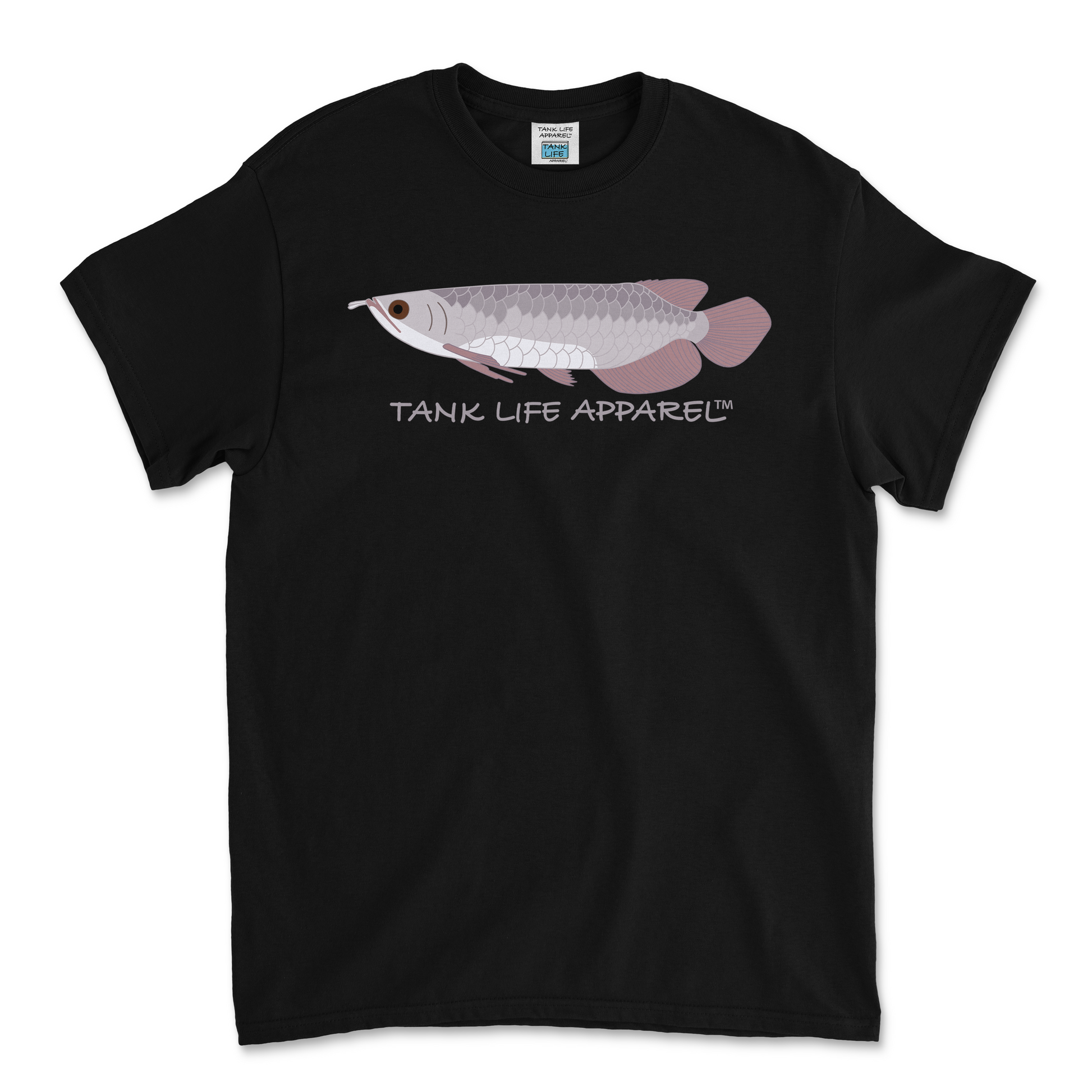 The Tank Life Apparel silver arowana design on a youth tee. Gray monster amazon fish.